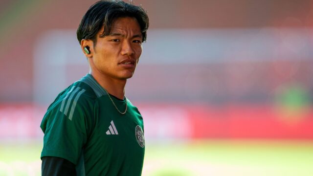 14th may 2025 pittodrie stadium aberdeen scotland scottish premiership football aberdeen versus celtic reo hatate of celtic inspects the pitch actionplus12787784 vagelisxgeorgarioujpg fhz47