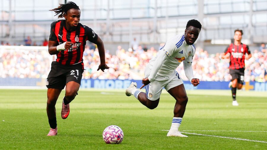 9th august 2025 aviva stadium dublin ireland pre season football friendly leeds united versus ac milan samuel chukwueze of ac milan makes a run with the ball peterxfitzpatrickjpg