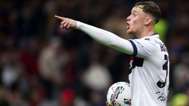 Ac milan v bologna fc serie a sam beukema of bologna fc reacts during the serie a football match between ac milan and bologna fc milan italy copyright xnicolxcampoxjpg
