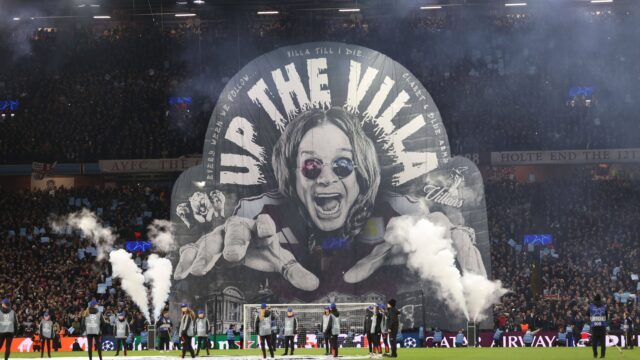 An ozzie osborne banner unfurled in front of the holte end pre match at the aston villa v celtic uefa champions league match at villa park birmingham uk on 29th january 2025 jpg