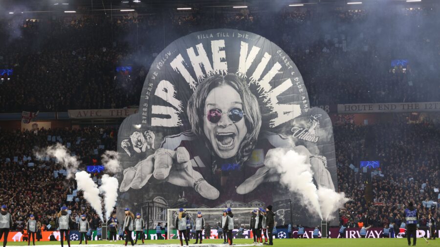 An ozzie osborne banner unfurled in front of the holte end pre match at the aston villa v celtic uefa champions league match at villa park birmingham uk on 29th january 2025 jpg