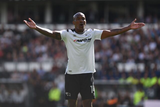 Andre wisdom of derby questions the linesmen during the sky bet