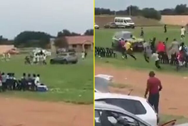 Crazed fan in south africa drives his bmw onto pitch during abc motsepe league game to attack referee
