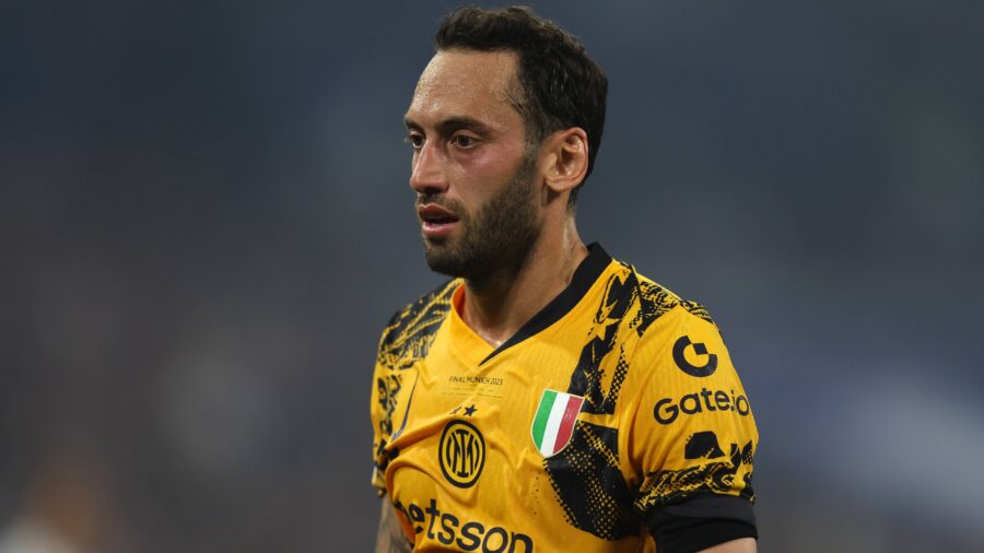 Hakan calhanoglu fc internazionale looks on uefa champions league final 2025 paris saint germain v fc internazionale milano munich football arena may 31 2025 munich germanyjpg