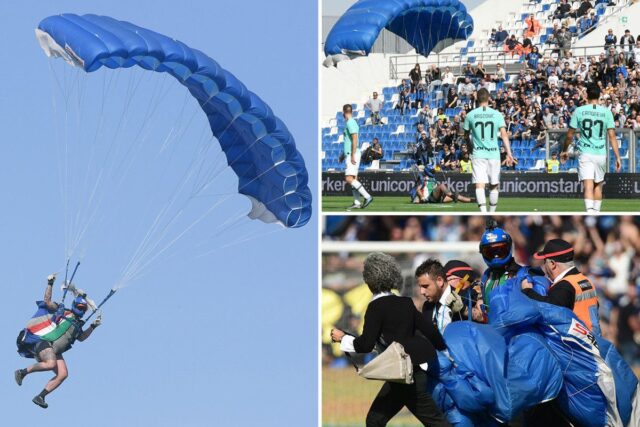 Inter milan clash delayed as parachuter lands in middle of