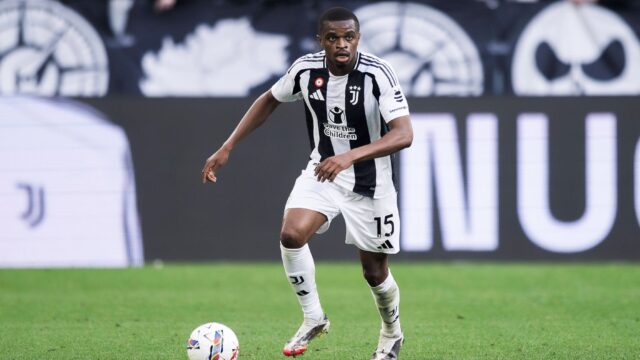 Juventus fc v ac monza serie a pierre kalulu of juventus fc in action during the serie a football match between juventus fc and ac monza turin italy copyright xnicolxcampoxjpg