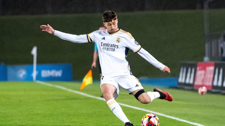 Madrid spain 11 february 2024 1 rfef league real madrid castilla vs ad merida alfredo di stefano stadium rafael obrador kicking a ball madrid spain copyright xismaelxmijanxjpg