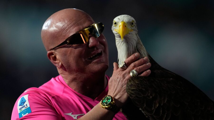 Mascotte of the ss lazio eagle olimpia with the head coach juan bernabe prior to serie a ss lazio v atalanta olimpico december 28 2024 rome italyjpg