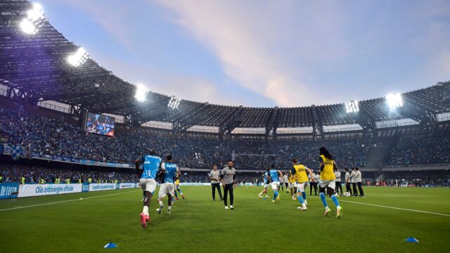 Napoli players warm up during the serie a football match between ssc napoli and cagliari calcio at diego armando maradona stadium in napoli italy may 23 2025 andreaxstacciolijpg