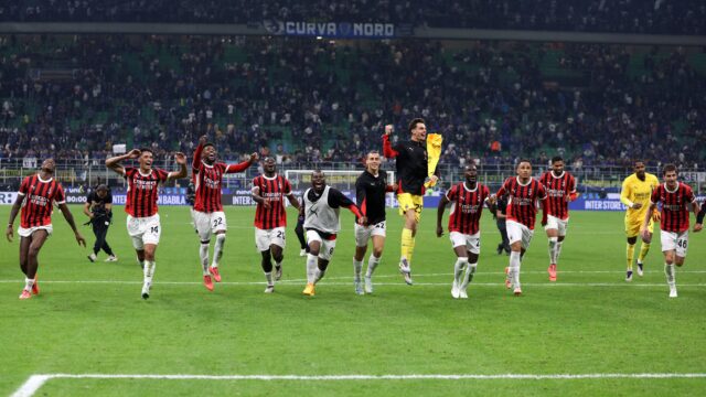 Players of ac milan celebrate after winning serie a fc internazionale v ac milan giuseppe meazza september 22 2024 milan italyjpg