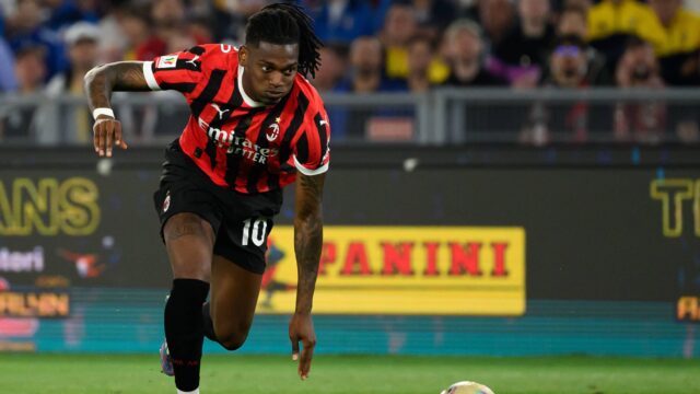 Rafael leao of ac milan in action during the coppa italia final football match between ac milan and bologna fc at stadio olimpico in rome italy may 14 2025 andreaxstacciolijpg