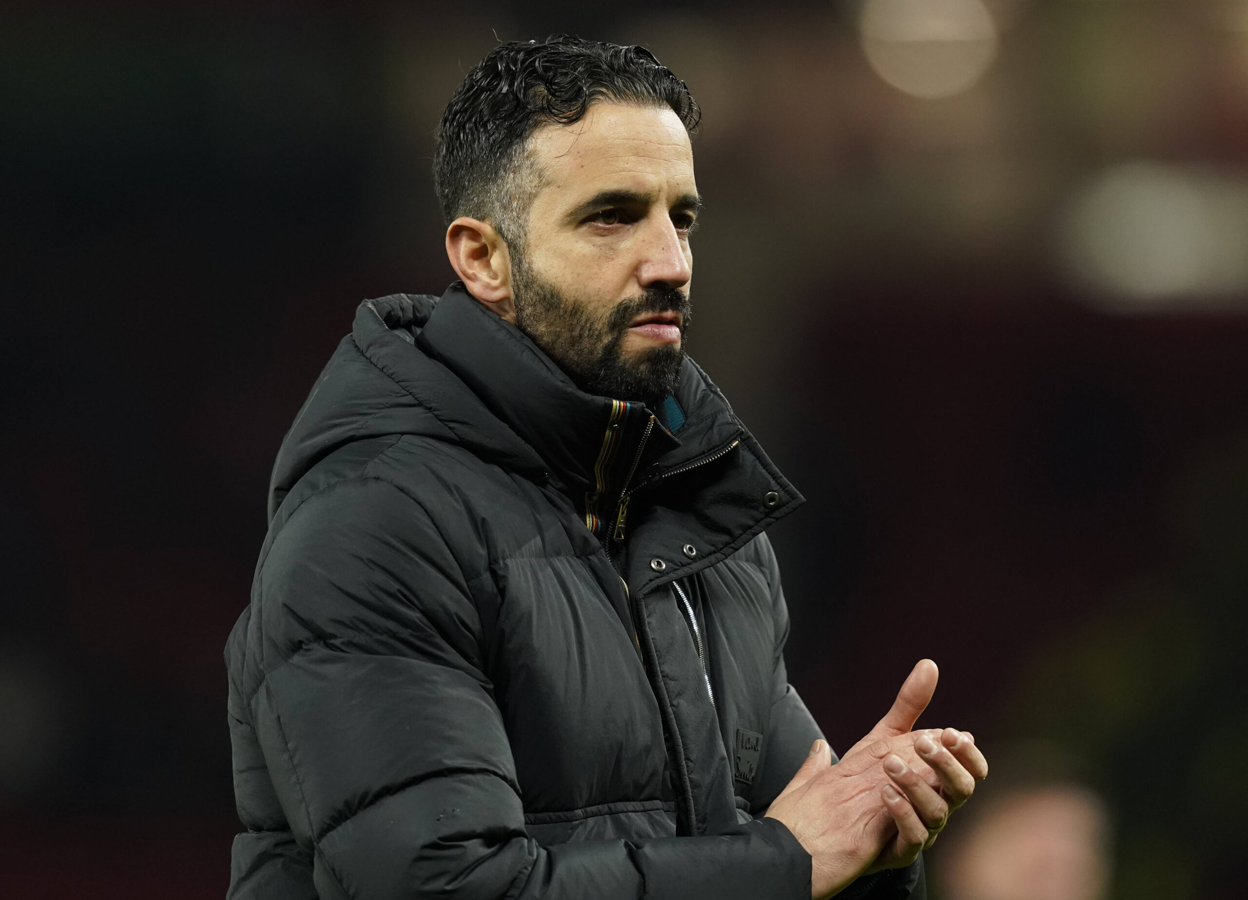 Manchester, England, 15th December 2025. Ruben Amorim manager of Manchester United, ManU claps the fans during the Manchester United vs AFC Bournemouth Premier League match at Old Trafford, Manchester. Picture credit should read: Andrew Yates Sportimage EDITORIAL USE ONLY. No use with unauthorised audio, video, data, fixture lists, club league logos or live services. Online in-match use limited to 120 images, no video emulation. No use in betting, games or single club league player publications. SPI_116_AY_Man_Utd_Bmouth SPI-4379-0117