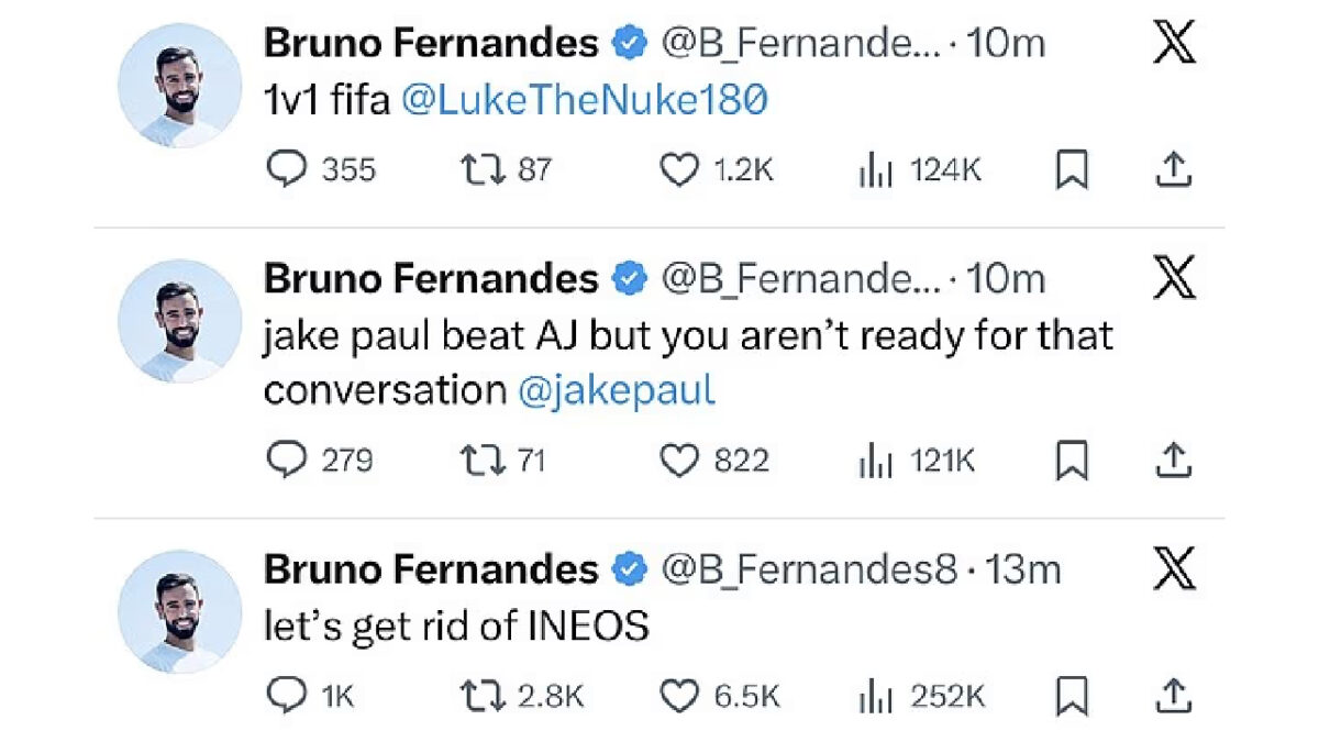 Alcuni post pubblicati dall'hacker che ha rubato l'account a Bruno Fernandes