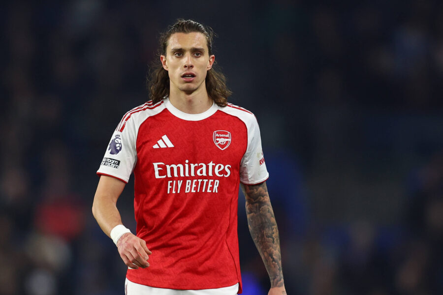 Calafiori in azione in una partita dell'Arsenal
