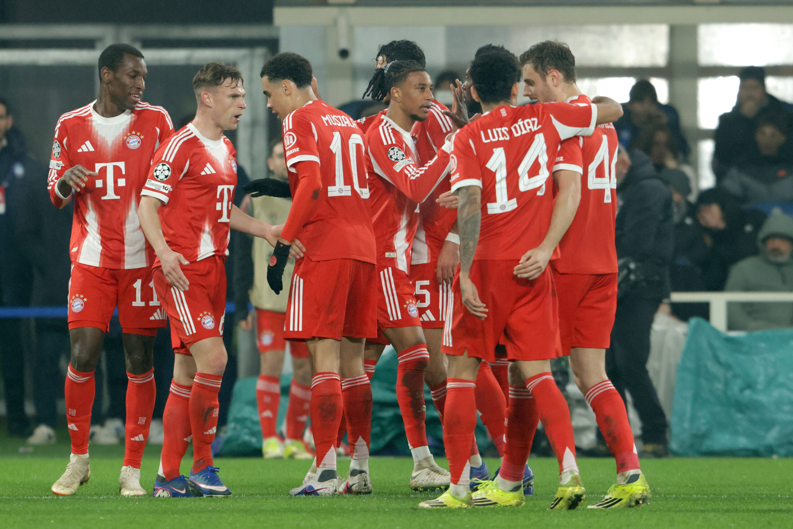 Gruppo, Group, NICOLAS JACKSON, JOSHUA KIMMICH, JAMAL MUSIALA, MICHAEL OLISE, JOSIP STANISIC, Bayern Monaco, Champions League, 2025-26, Atalanta vs Bayern Munchen 1-6, 10-03-2026, Esultanza, Celebration, Jubel CHAMPIONS LEAGUE 2025-26 ATALANTA-BAYERN MONACO 1-6