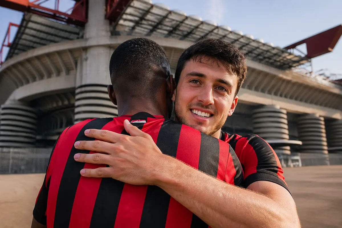 Cambiaso abbraccia Kolo Muani con San Siro sullo sfondo, immagine creata con intelligenza artificiale