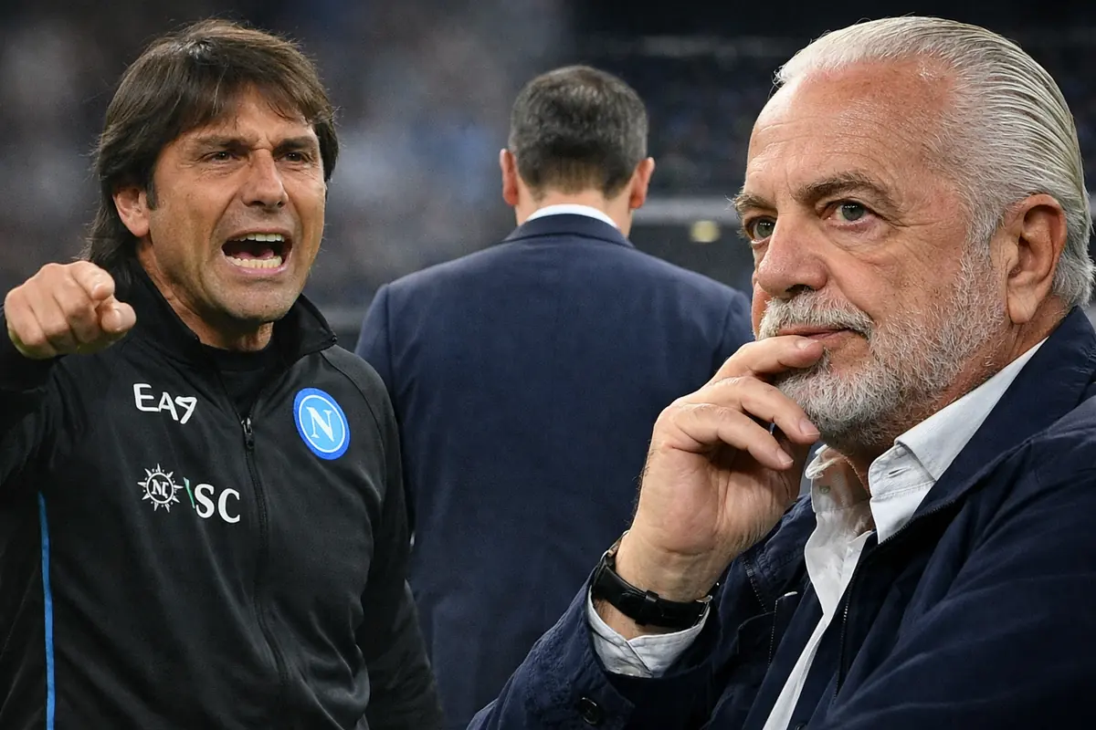 Conte arrabbiato e De Laurentiis osserva, immagine creata con intelligenza artificiale