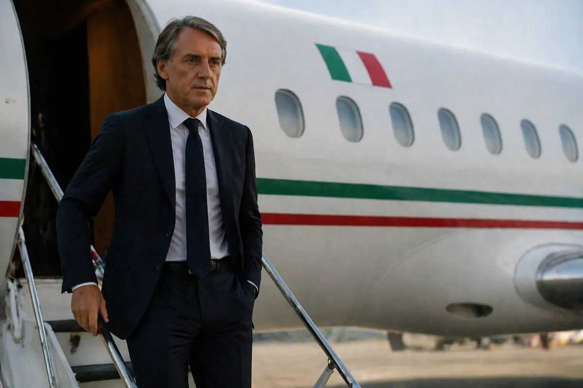 Roberto Mancini scende da un aereo con bandiera italiana, immagine creata con intelligenza artificiale
