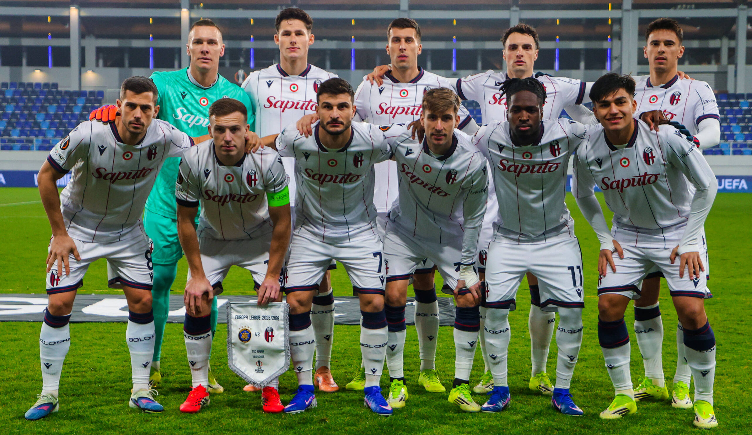 RECORD DATE NOT STATED 29.01.2026 Backa Topola(Serbia) Maccabi Tel Aviv-Bologna Europa Leagu men s football Bologna team L-R above: Lukasz Skorupski,Martin witik,Nicolo Casale,Nadir Zortea ,Nikola Moro Down: Remo Freuler,Lewis Ferguson,Riccardo Orsolini,Juan Miranda,Jonathan Rowe,Santiago Castro :D.Sandic