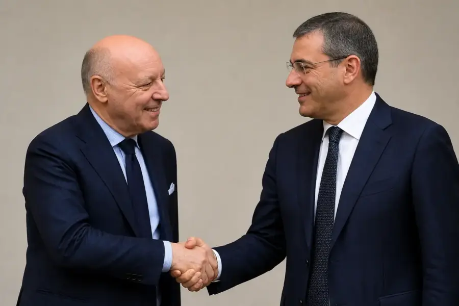 Stretta di mano tra Marotta, presidente dell'Inter, e Comolli, amministratore delegato della Juventus, immagine creata con intelligenza artificiale