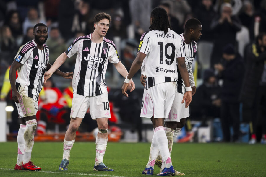Juventus FC v Pisa SC - Serie A Kenan Yildiz of Juventus FC celebrates with Jeremie Boga, Khephren Thuram and Pierre Kalulu of Juventus FC after scoring a goal during the Serie A football match between Juventus FC and Pisa SC. Turin Italy Copyright: xNicolòxCampox